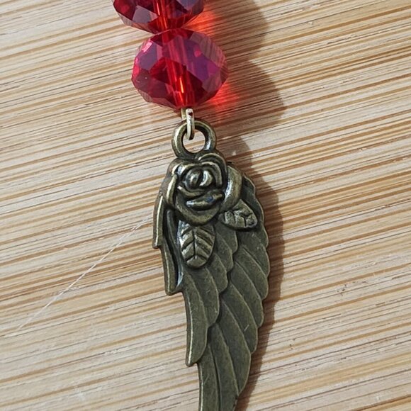 Hand Crafted Earrings Angel Wings Red Crystal Beads Bronze Wings Dangle - Picture 4 of 6